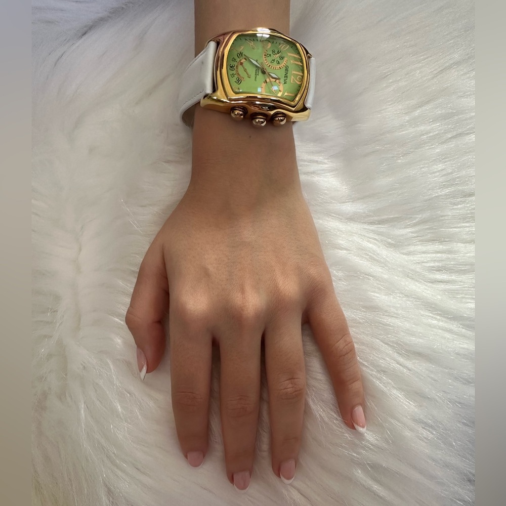 Geneva Gold and Green Chronograph Watch with White Band - Picture 5 of 11